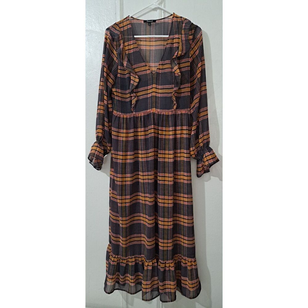 Madewell Womens Size 2 Full Flutter Sleeve Maxi Dress Plaid Blue Yellow